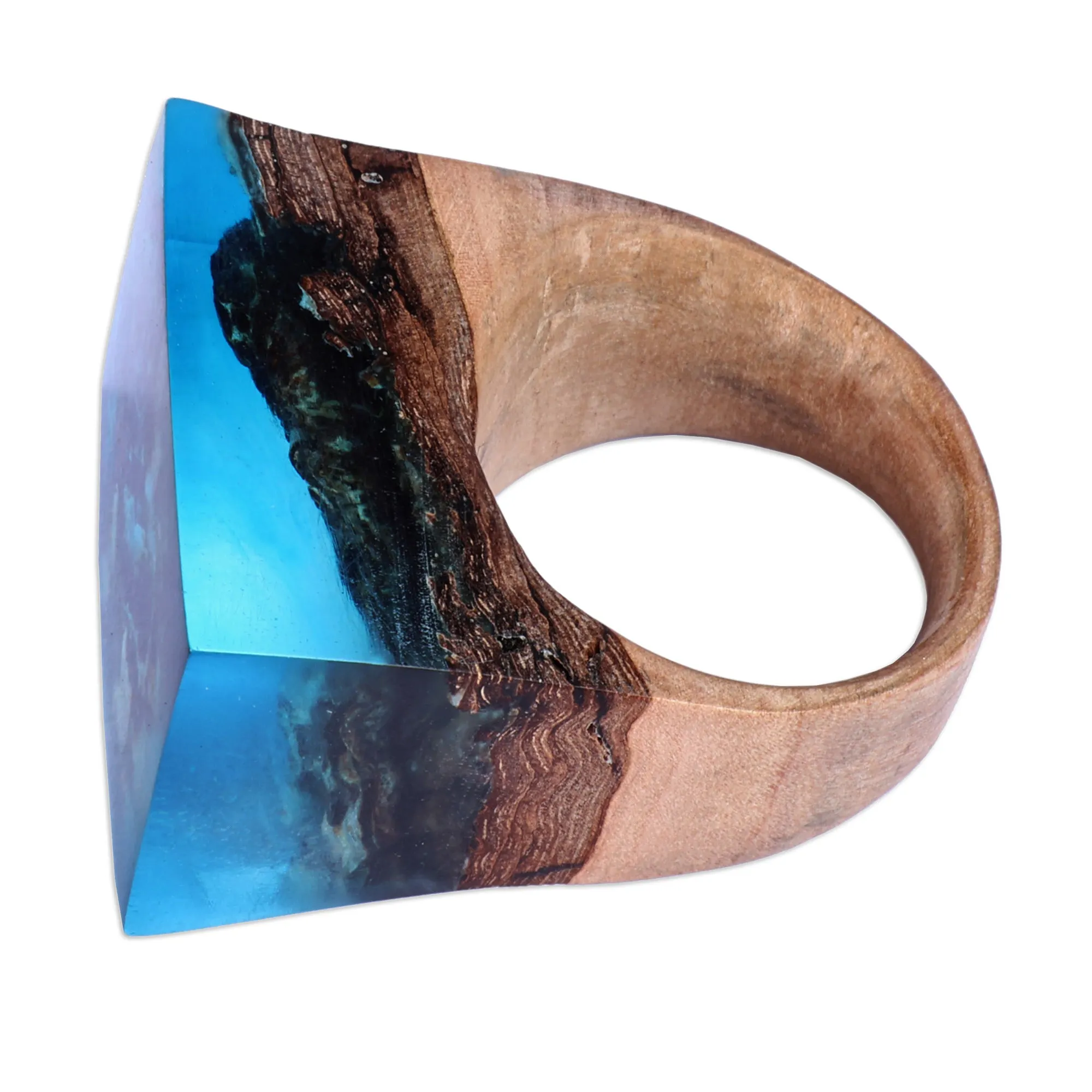 Handmade Blue Nature-Themed Resin and Pearwood Cocktail Ring - Dream Lake | NOVICA