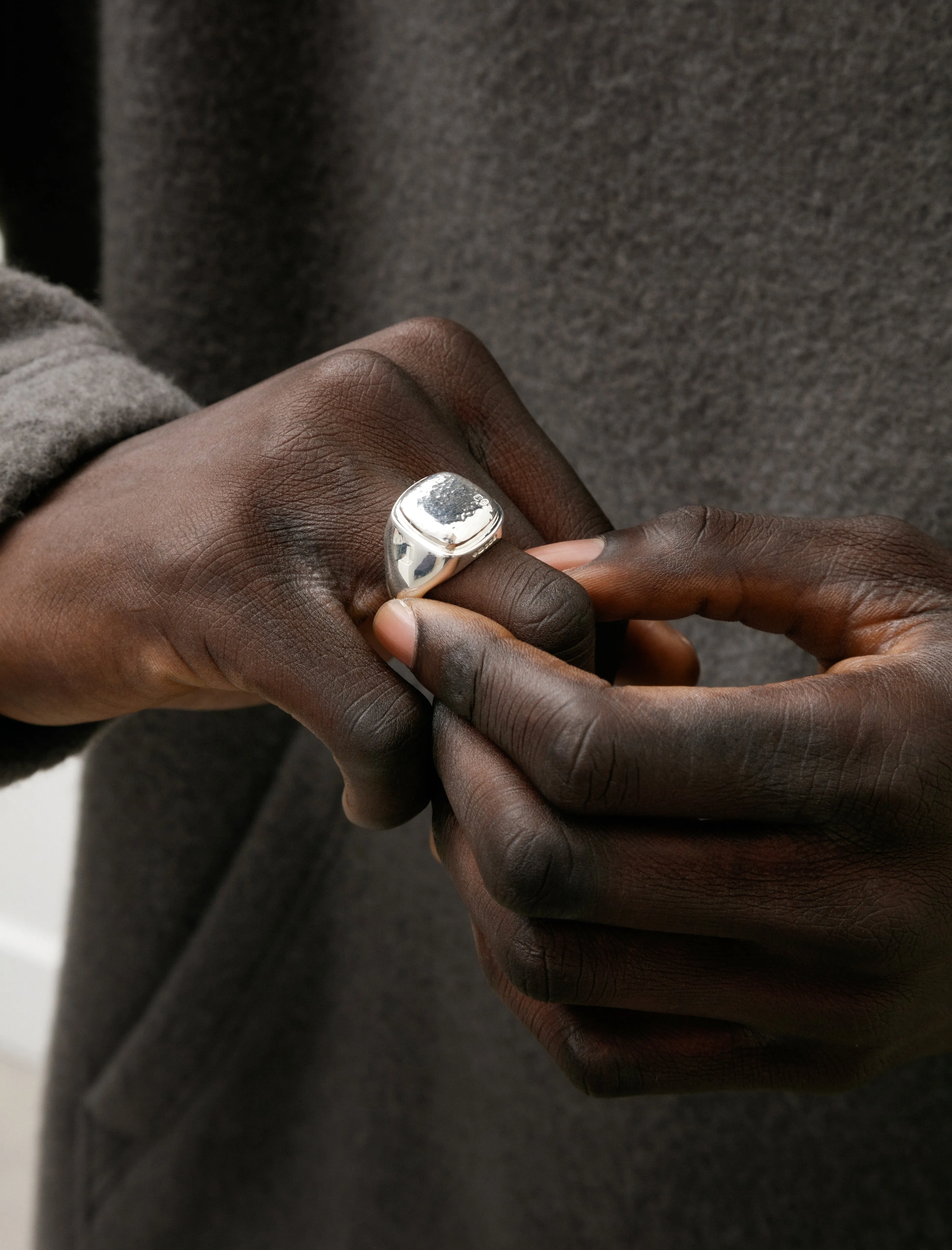 Heavy Cushion Signet Ring Hammered Silver
