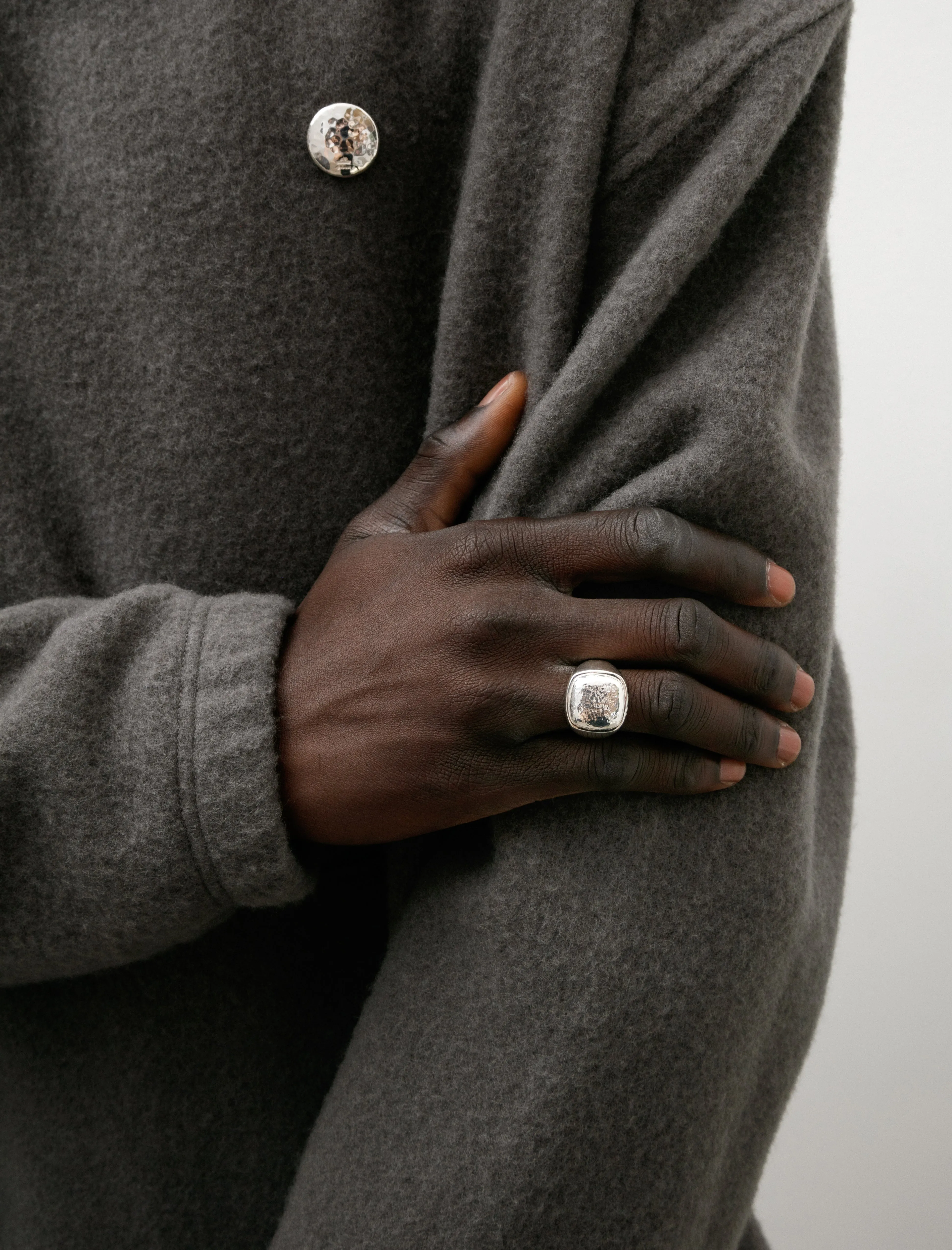 Heavy Cushion Signet Ring Hammered Silver