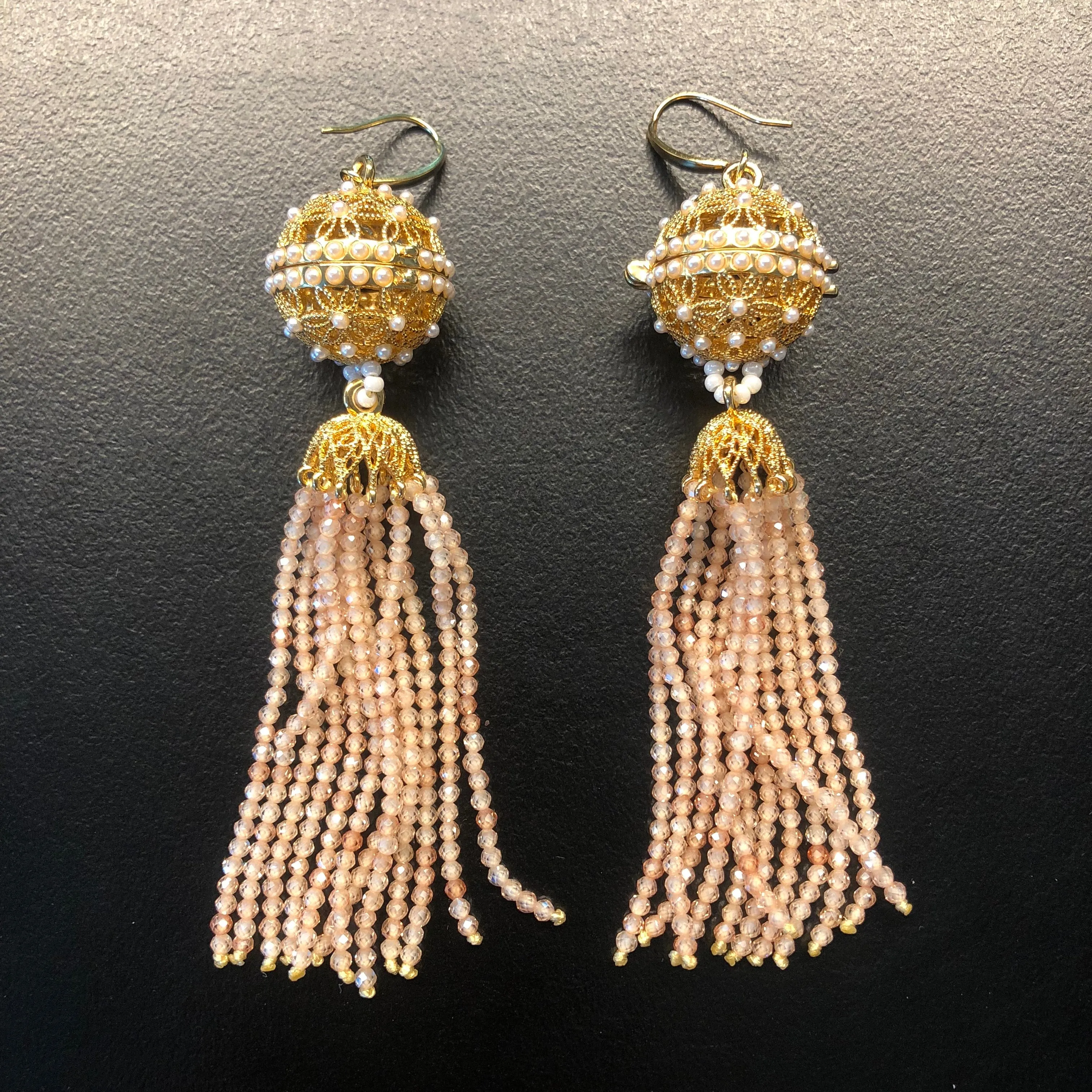 Herbal Locket Crystal Tassel Earrings - Champagne Zirconia
