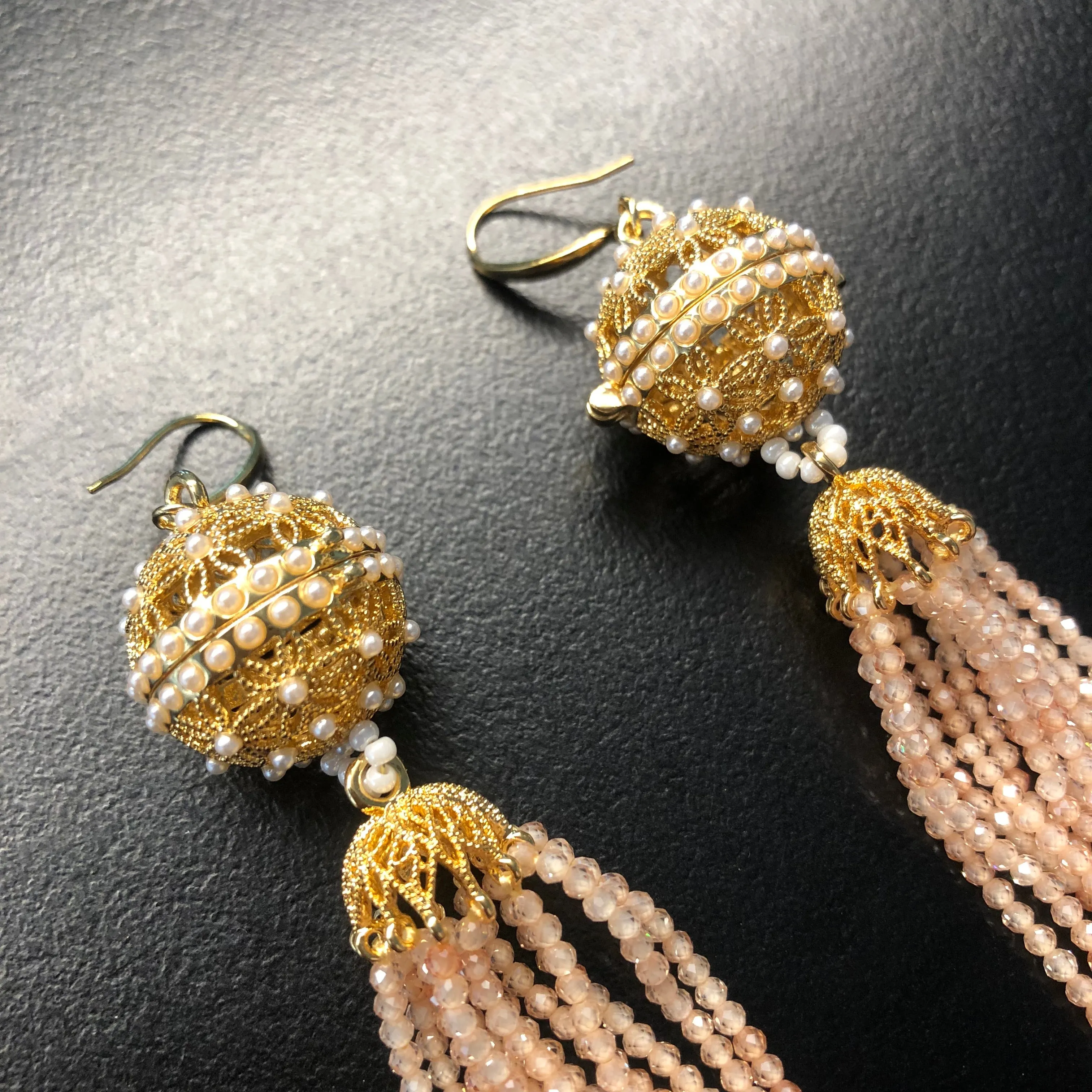 Herbal Locket Crystal Tassel Earrings - Champagne Zirconia