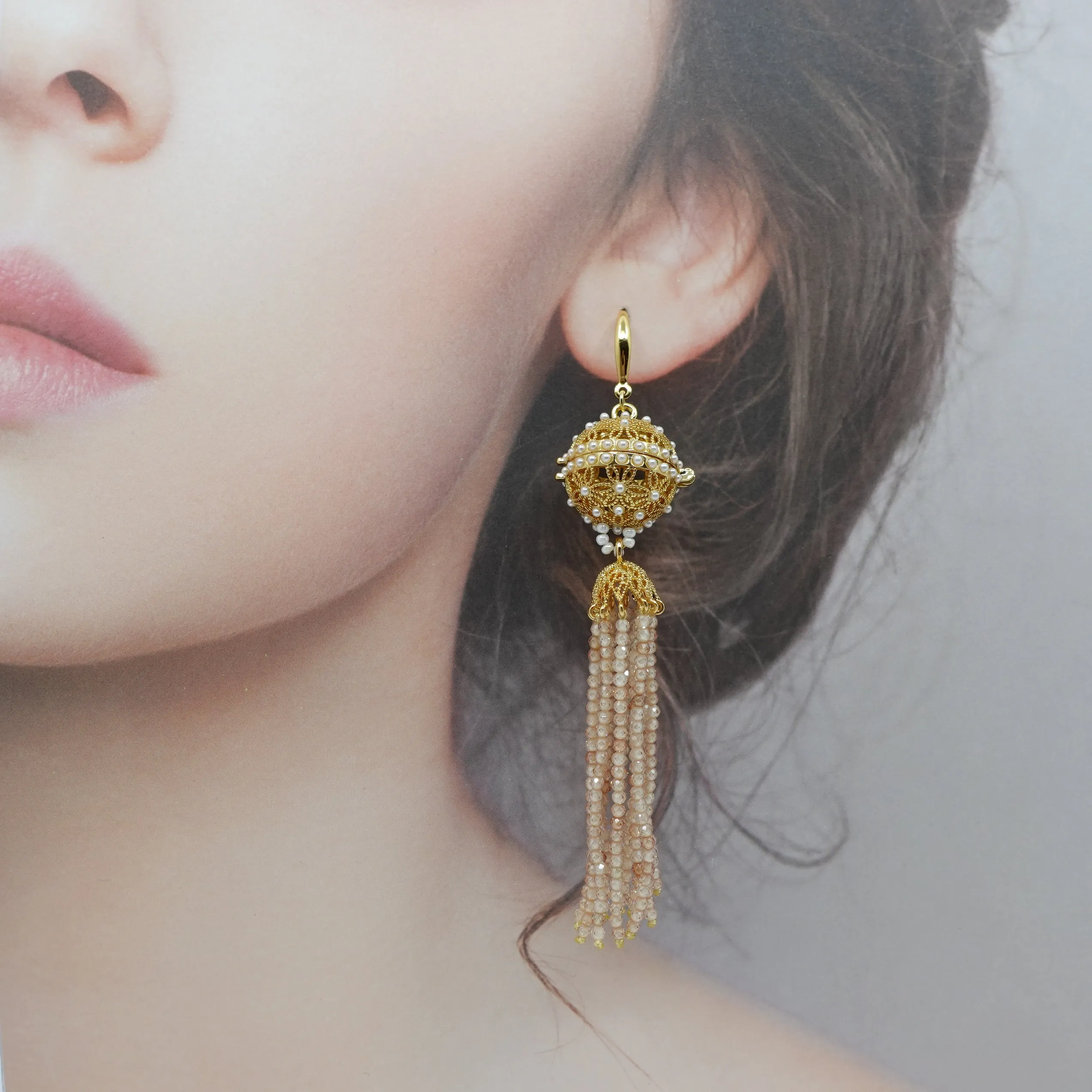 Herbal Locket Crystal Tassel Earrings - Champagne Zirconia