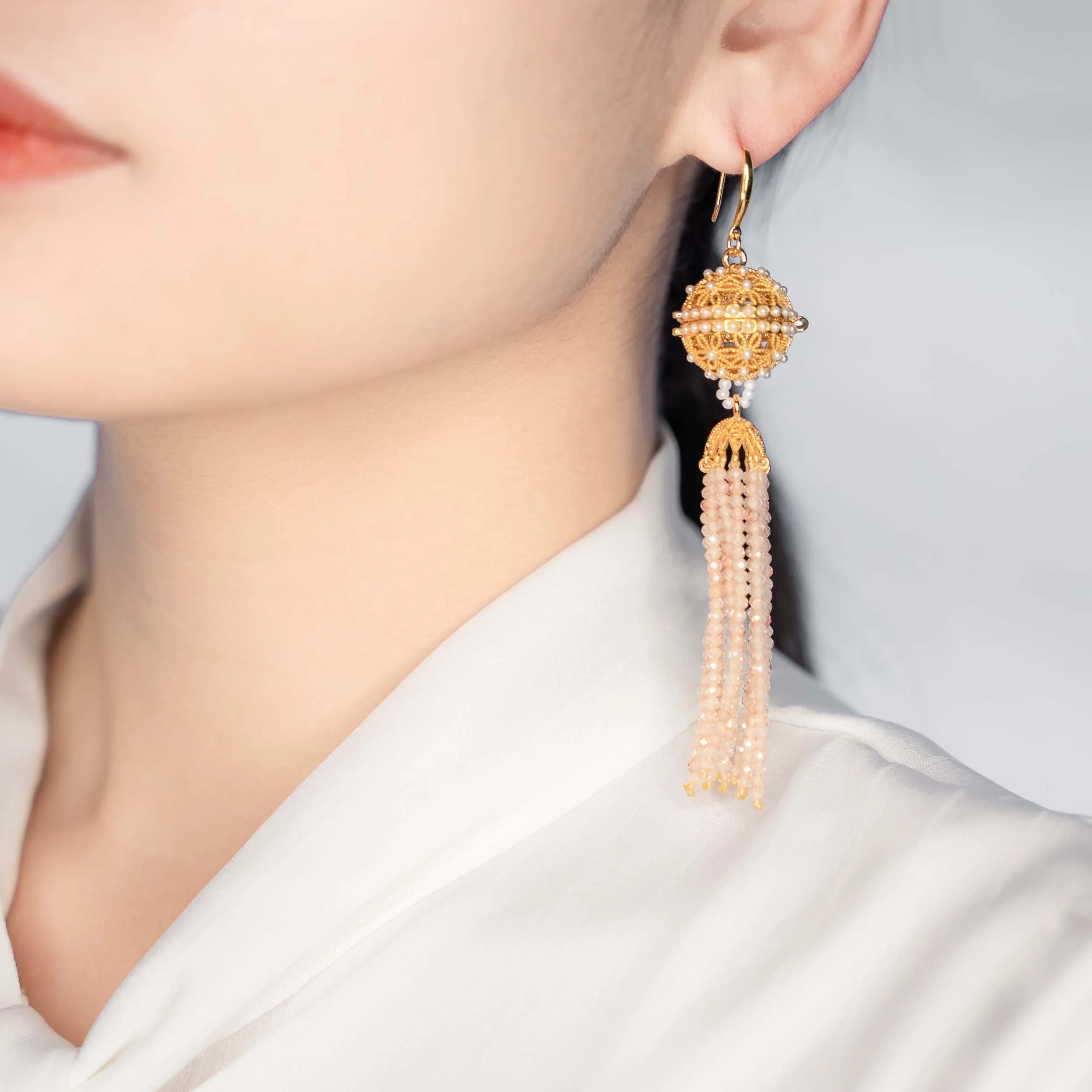 Herbal Locket Crystal Tassel Earrings - Champagne Zirconia
