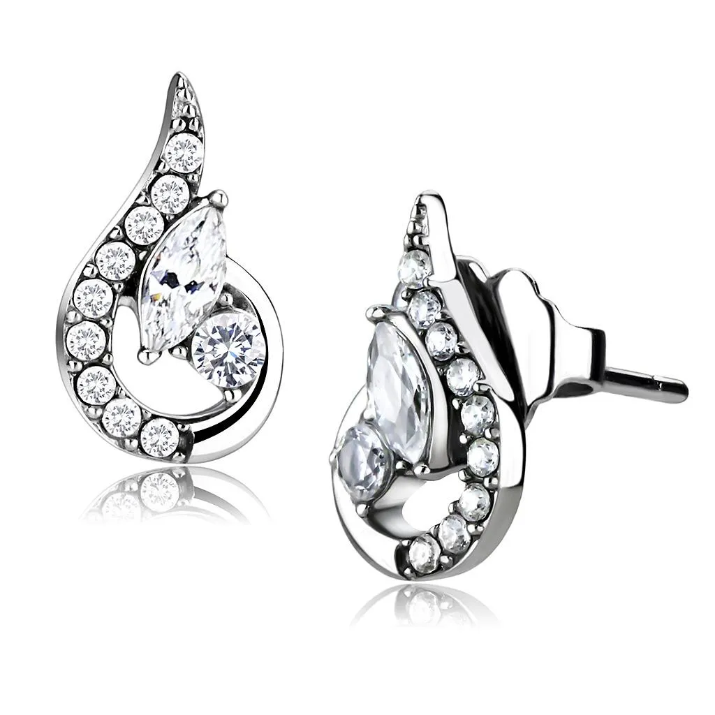 High polished (no plating) Stainless Steel Earrings with AAA Grade CZ in Clear for Women Clear Stone Color Style DA074