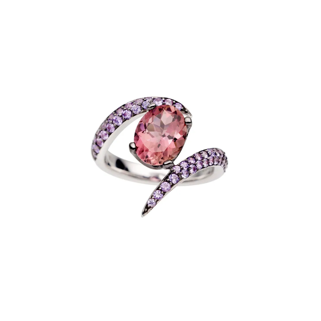 Interlocking Aurora Ring Set - 18ct White Gold & Amethyst, Pink Tourmaline & Rhodalite