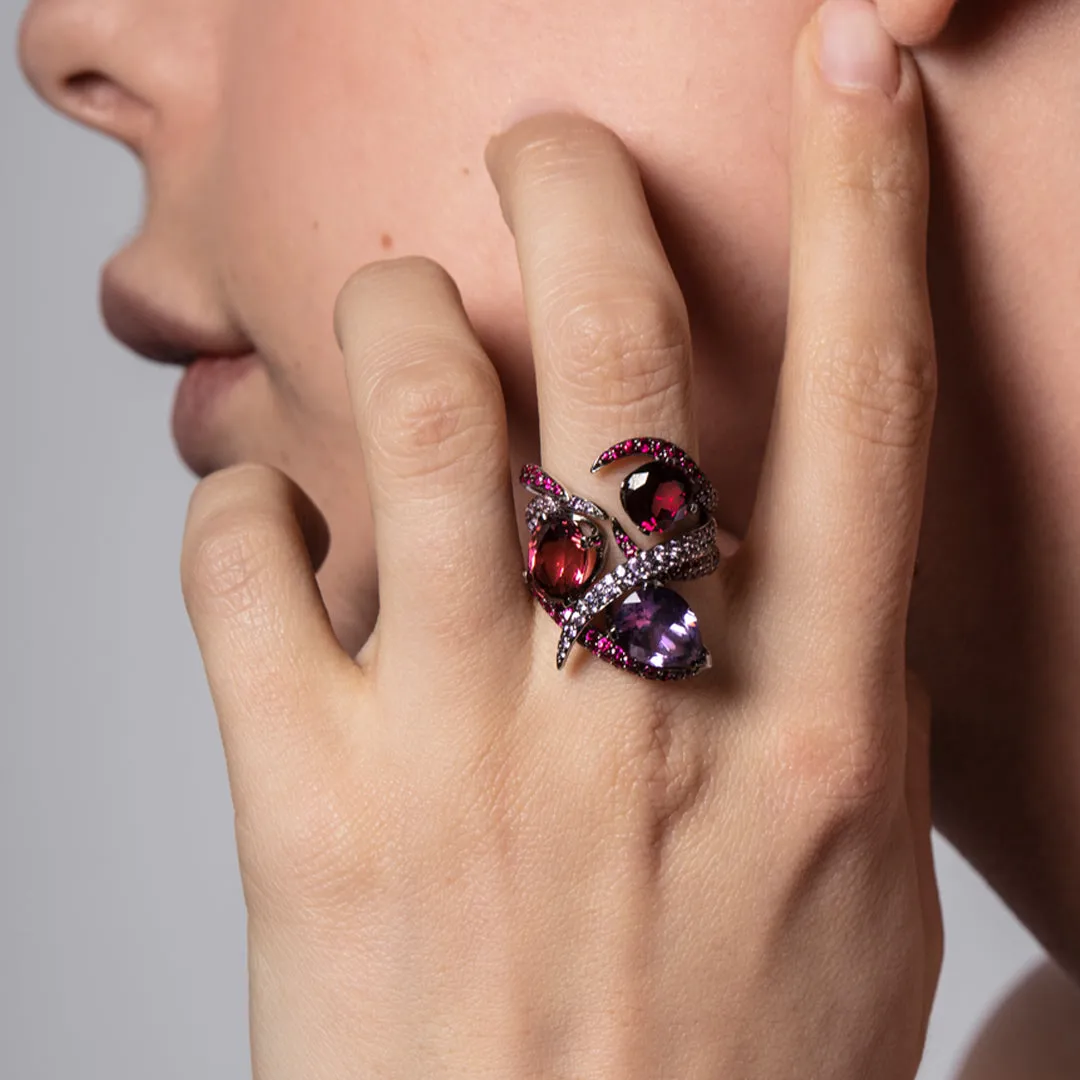 Interlocking Aurora Ring Set - 18ct White Gold & Amethyst, Pink Tourmaline & Rhodalite