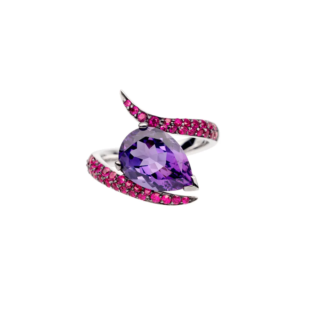 Interlocking Aurora Ring Set - 18ct White Gold & Amethyst, Pink Tourmaline & Rhodalite