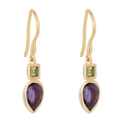 Iris Petal Drop Earrings Gold - Natural Peridot & Amethyst stones