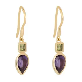Iris Petal Drop Earrings Gold - Natural Peridot & Amethyst stones