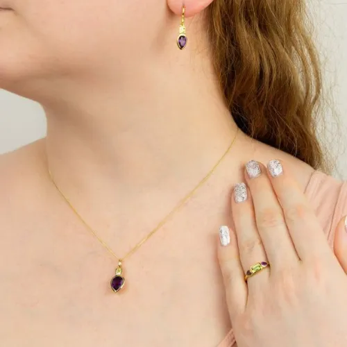 Iris Petal Drop Earrings Gold - Natural Peridot & Amethyst stones
