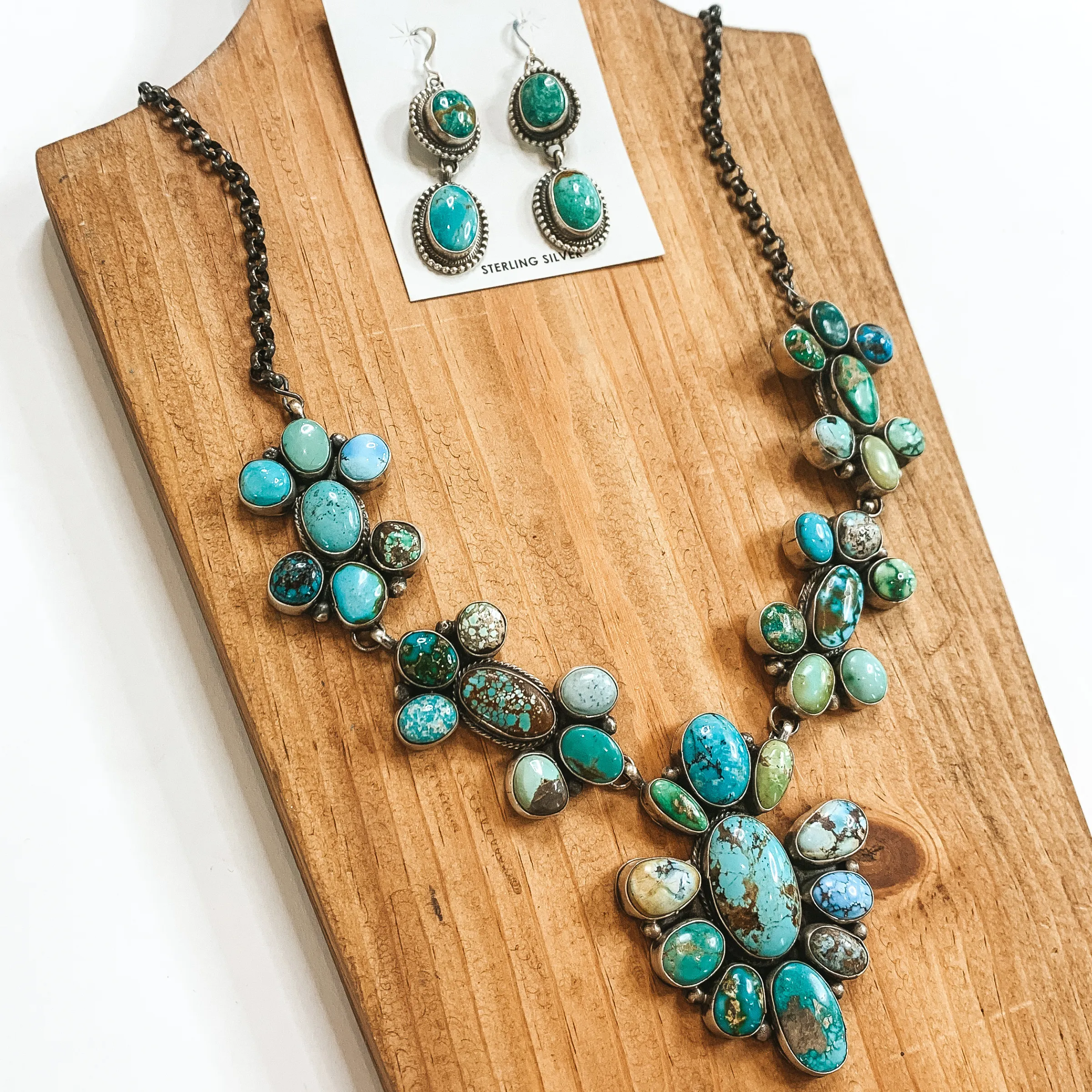 Jeff James | Navajo Handmade Sterling Silver Necklace with Kingman, Royston, and Golden Hills Turquoise Stones   Matching Earrings