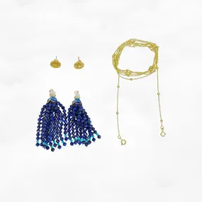 Lapis Lotus Tassels Lariat Necklace and Earrings Set