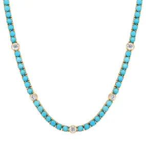 Large 4-Prong Turquoise Tennis Necklace with 5 Illusion Set Diamond Accents