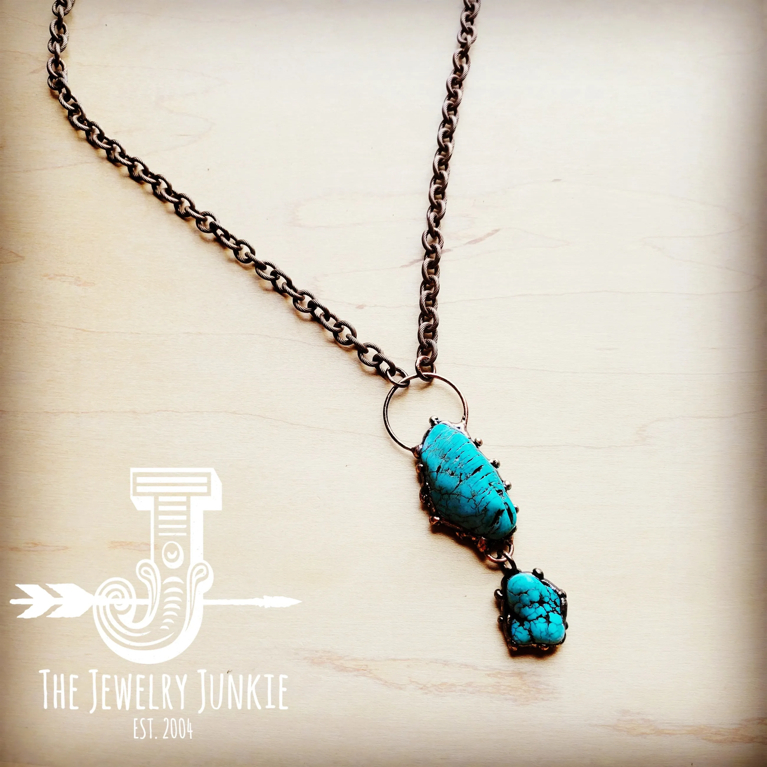 **Long Copper Necklace w/ Double Turquoise and Copper Pendant 256g