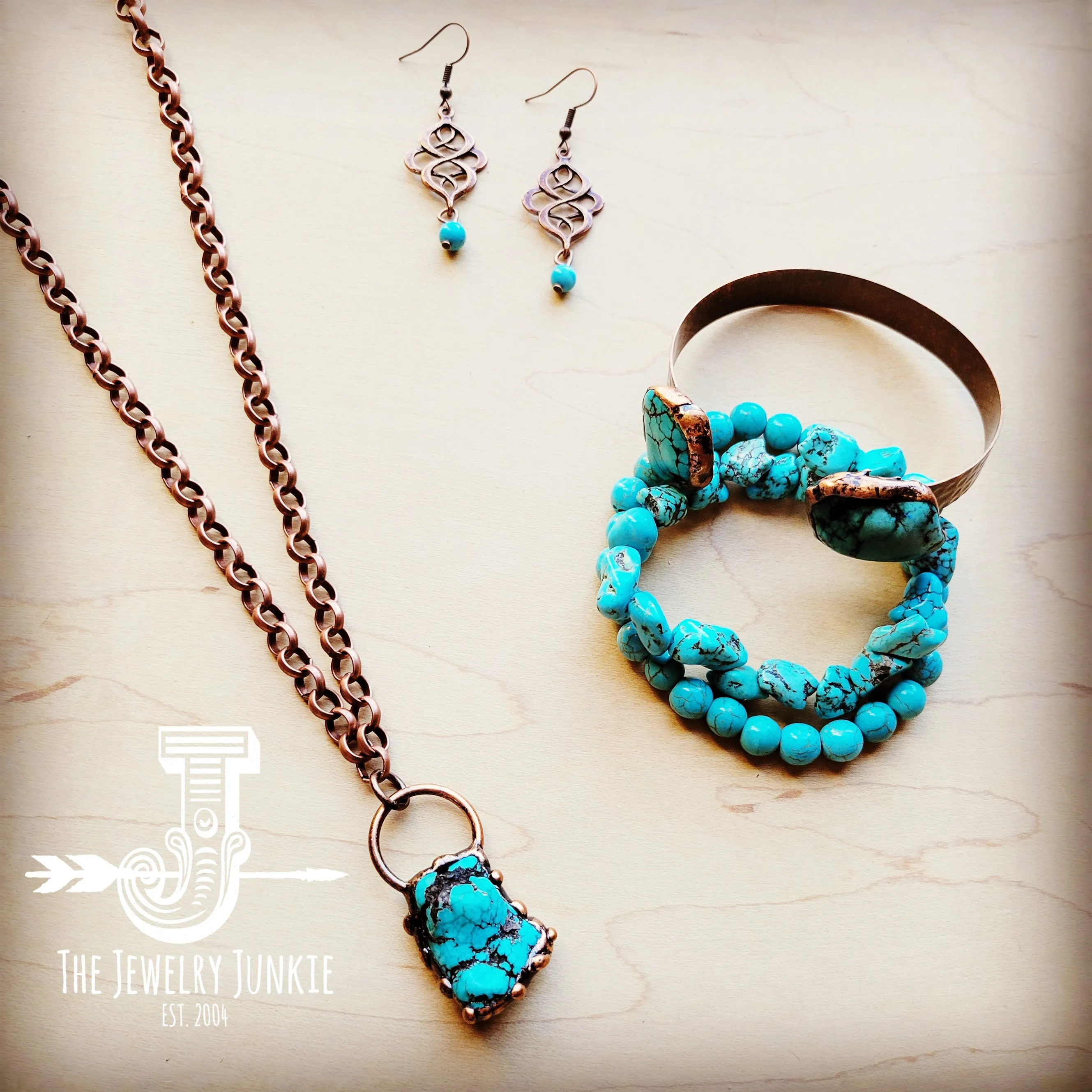 Long Copper Necklace w/ Turquoise and Copper Pendant 255f