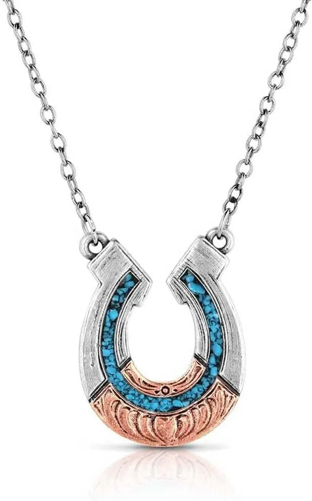 Montana Silversmiths Inner Light Turquoise Horseshoe Western Equestrian Pendant 18" Split Chain Necklace