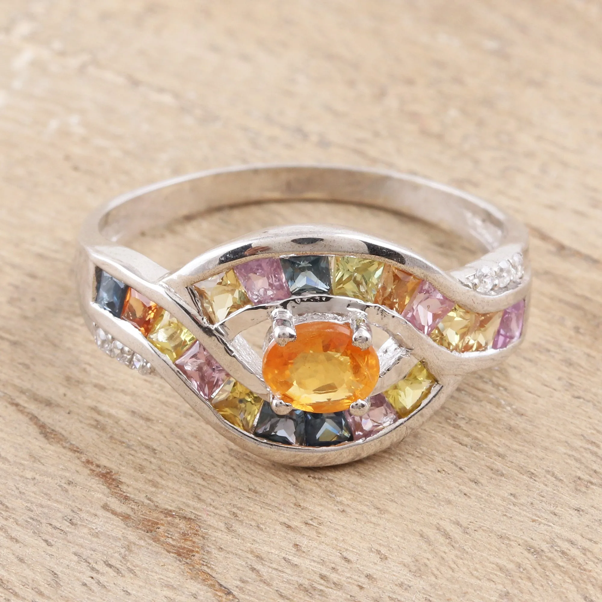 Multicolored Sapphire Cocktail Ring from India - Rainbow Aura | NOVICA
