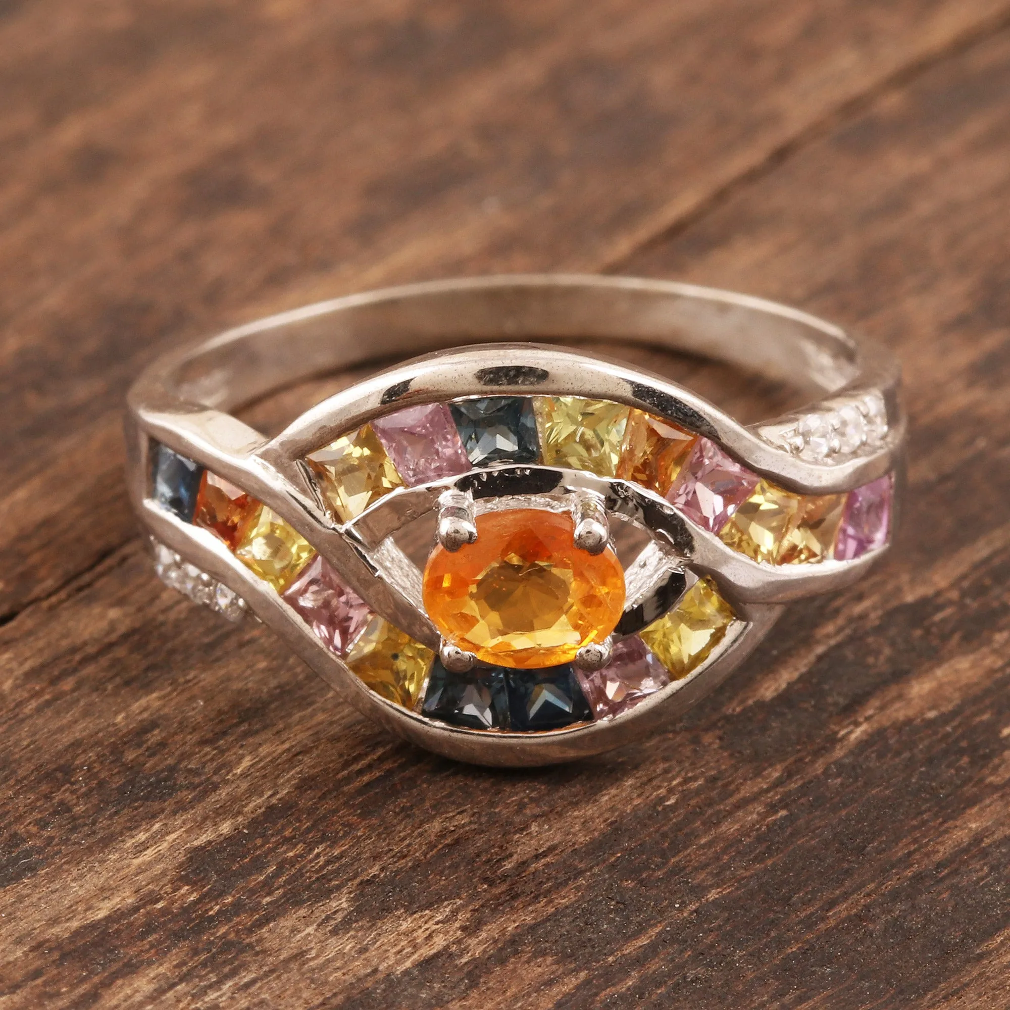 Multicolored Sapphire Cocktail Ring from India - Rainbow Aura | NOVICA