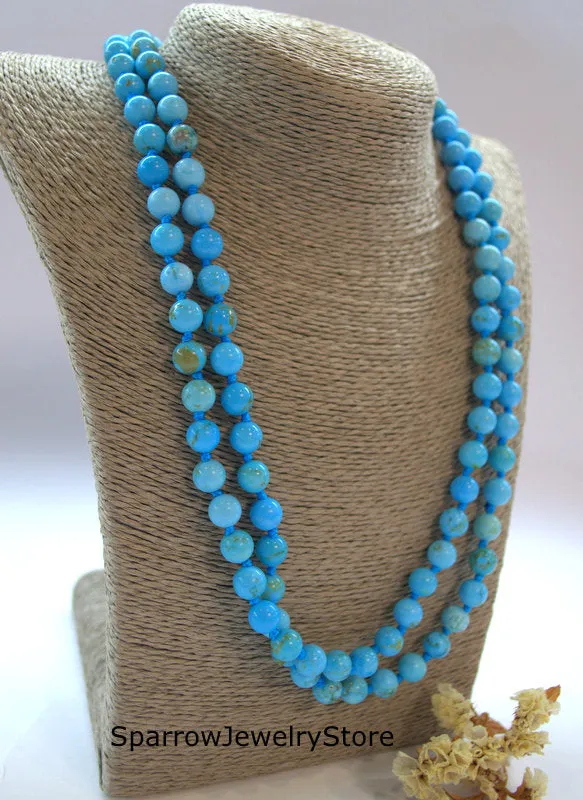 Natural blue turquoise necklace Long multi strand wrap necklace No clasp bridal necklace Ukrainian folk style Genuine turquoise Gift for her
