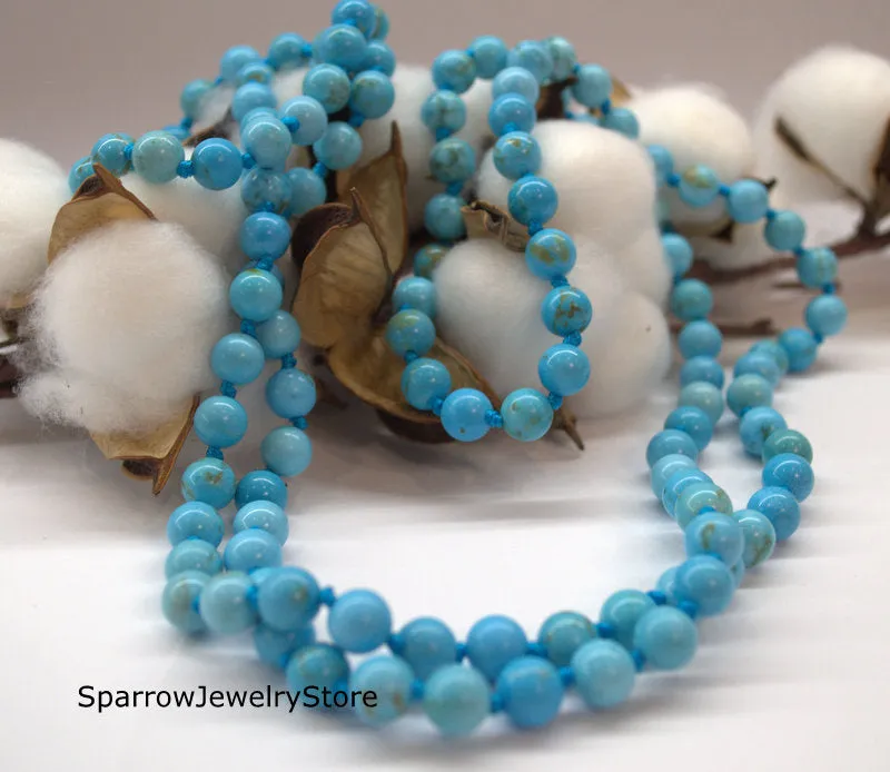 Natural blue turquoise necklace Long multi strand wrap necklace No clasp bridal necklace Ukrainian folk style Genuine turquoise Gift for her