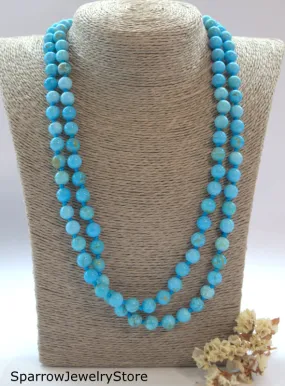 Natural blue turquoise necklace Long multi strand wrap necklace No clasp bridal necklace Ukrainian folk style Genuine turquoise Gift for her