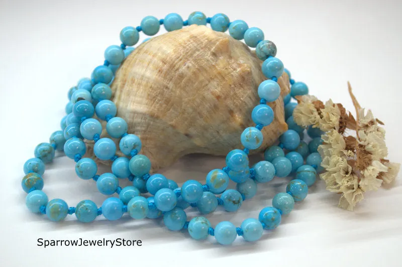 Natural blue turquoise necklace Long multi strand wrap necklace No clasp bridal necklace Ukrainian folk style Genuine turquoise Gift for her