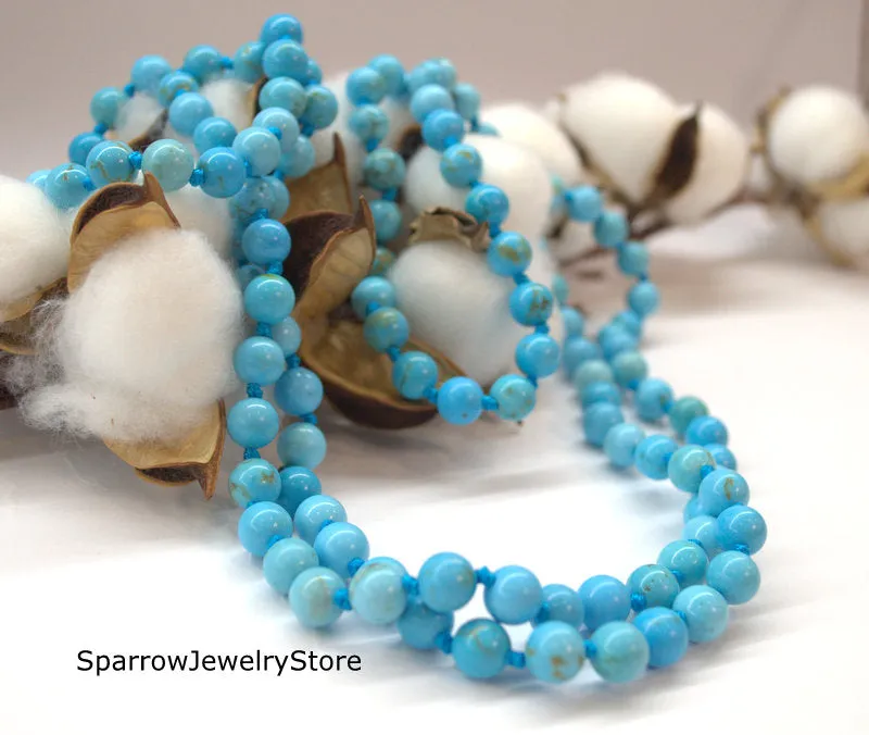 Natural blue turquoise necklace Long multi strand wrap necklace No clasp bridal necklace Ukrainian folk style Genuine turquoise Gift for her