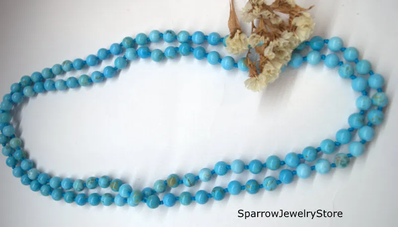 Natural blue turquoise necklace Long multi strand wrap necklace No clasp bridal necklace Ukrainian folk style Genuine turquoise Gift for her