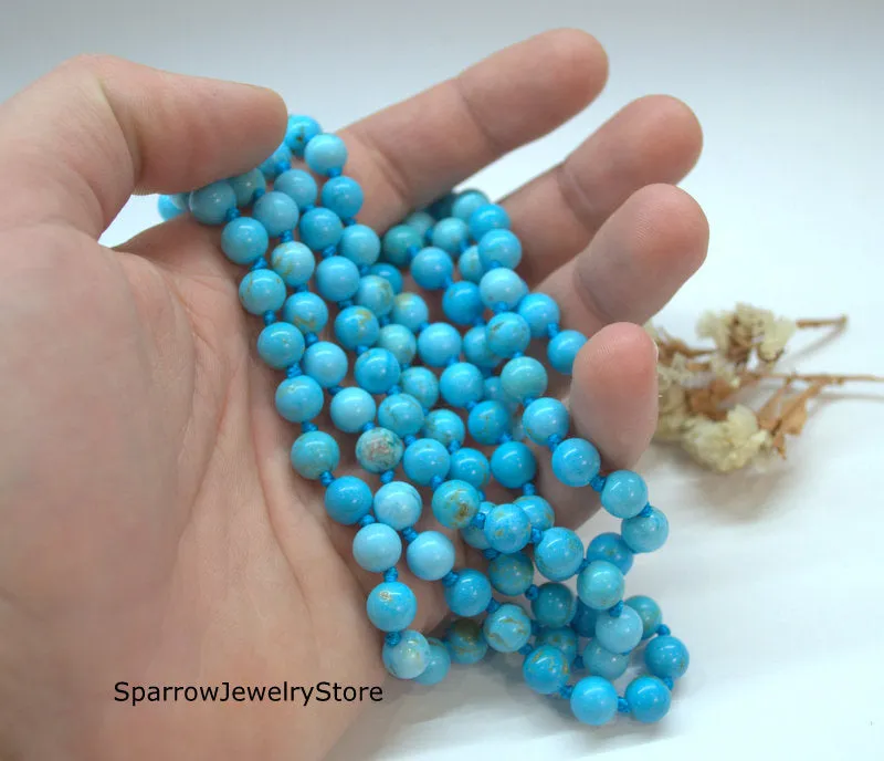 Natural blue turquoise necklace Long multi strand wrap necklace No clasp bridal necklace Ukrainian folk style Genuine turquoise Gift for her