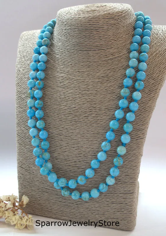 Natural blue turquoise necklace Long multi strand wrap necklace No clasp bridal necklace Ukrainian folk style Genuine turquoise Gift for her