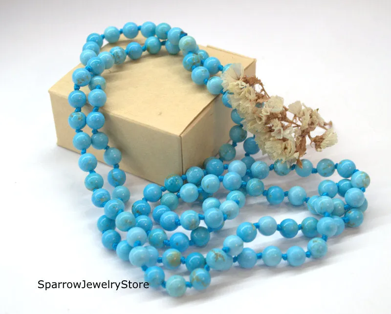 Natural blue turquoise necklace Long multi strand wrap necklace No clasp bridal necklace Ukrainian folk style Genuine turquoise Gift for her