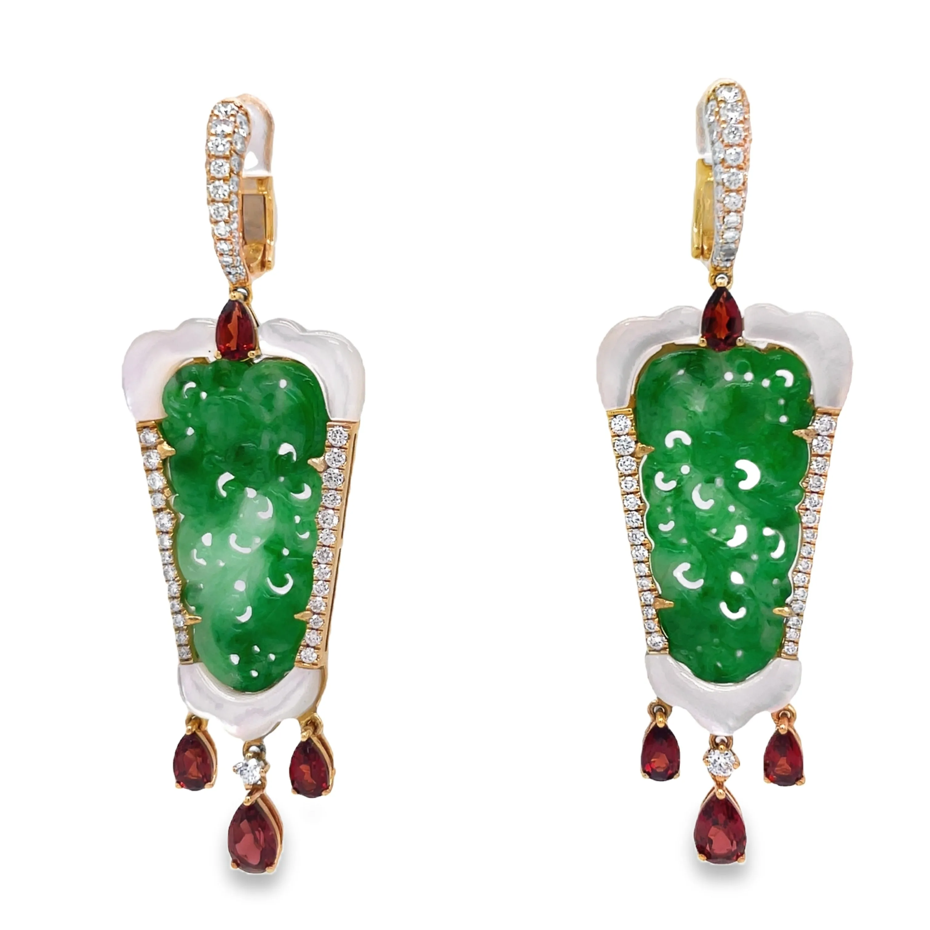 Natural Green Jade, Diamond, MOP & Garnet Drop Earrings
