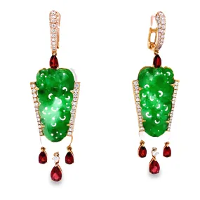 Natural Green Jade, Diamond, MOP & Garnet Drop Earrings
