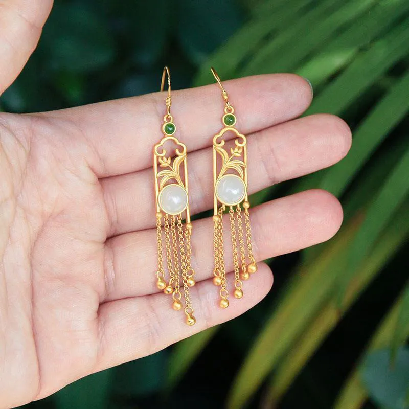 Natural Hetian White Jade Fringed Long Earrings