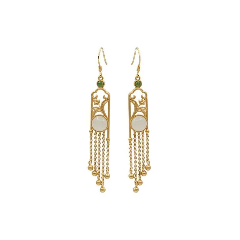 Natural Hetian White Jade Fringed Long Earrings