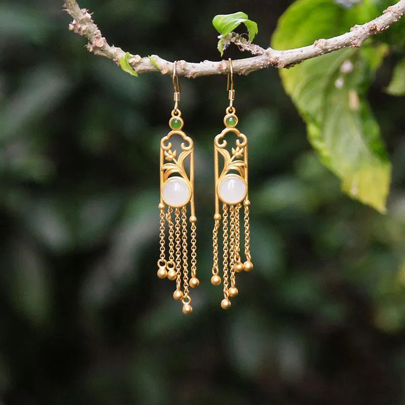 Natural Hetian White Jade Fringed Long Earrings