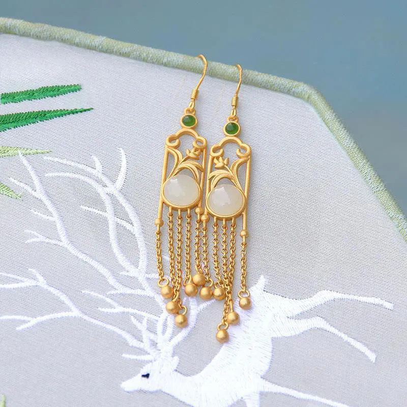 Natural Hetian White Jade Fringed Long Earrings