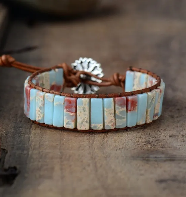 Natural Impression Jasper Cuff Leather Wrap Bracelet