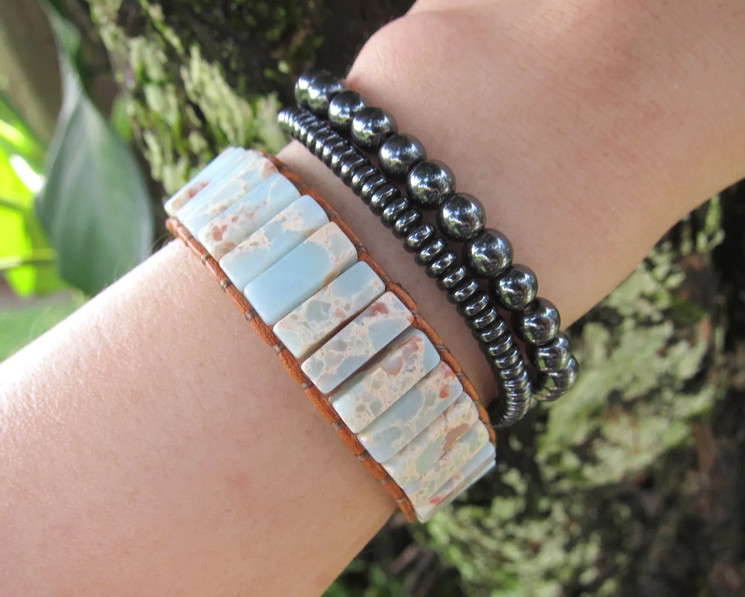 Natural Impression Jasper Cuff Leather Wrap Bracelet