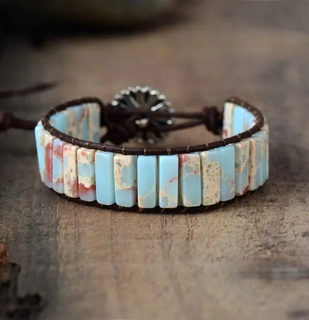 Natural Impression Jasper Cuff Leather Wrap Bracelet