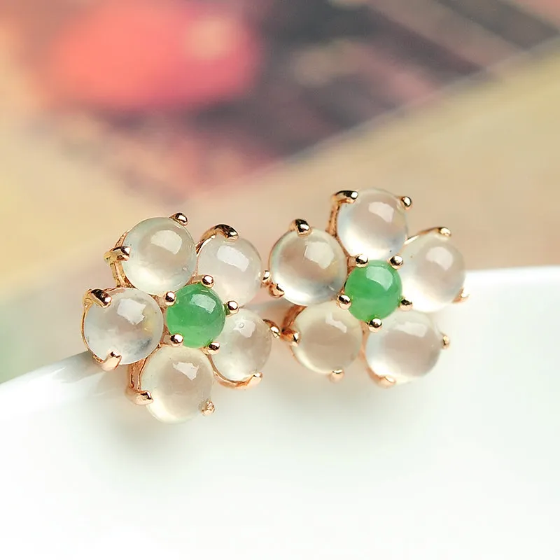 Natural Jade Earrings Jadeite Silver Flower Earrings WE5