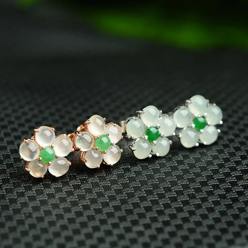 Natural Jade Earrings Jadeite Silver Flower Earrings WE5