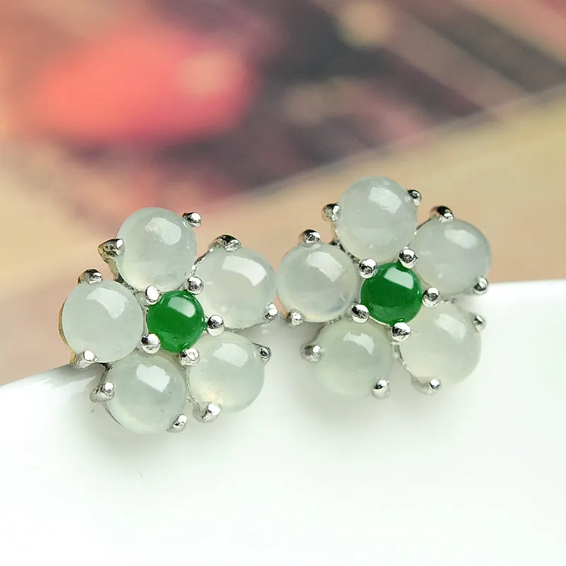 Natural Jade Earrings Jadeite Silver Flower Earrings WE5