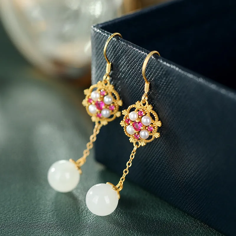 Natural Jade Earrings Nephrite Pearl Silver Earrings ZNE289