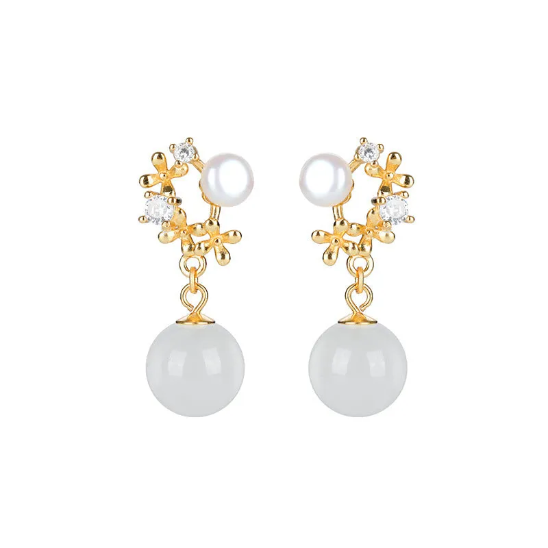 Natural Jade Earrings Nephrite Pearl Silver Earrings ZNE325