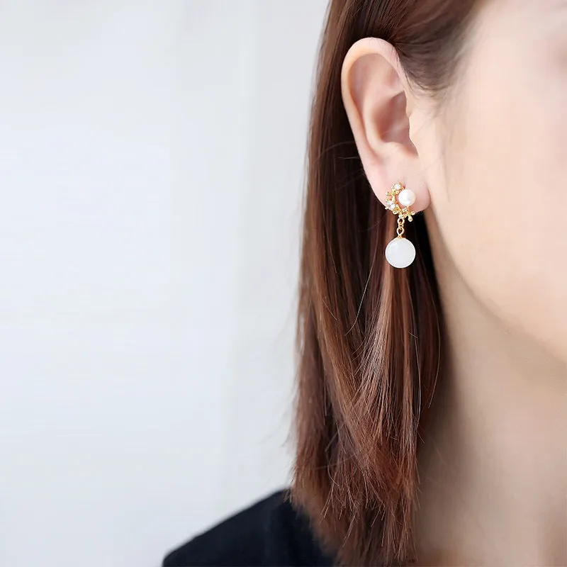 Natural Jade Earrings Nephrite Pearl Silver Earrings ZNE325