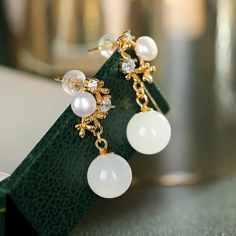 Natural Jade Earrings Nephrite Pearl Silver Earrings ZNE325