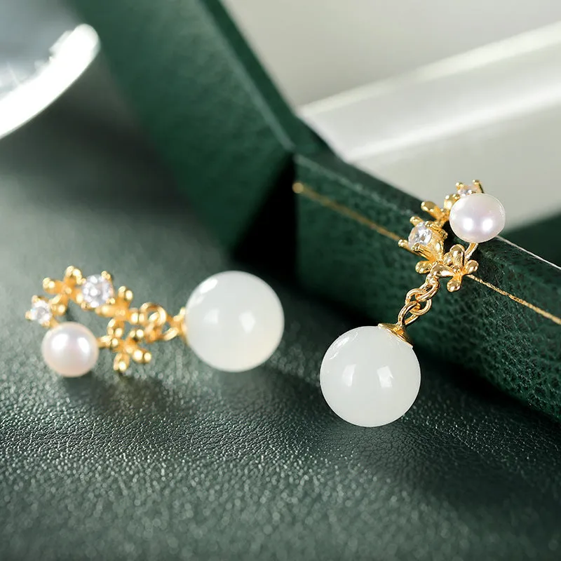 Natural Jade Earrings Nephrite Pearl Silver Earrings ZNE325