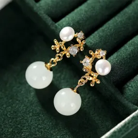 Natural Jade Earrings Nephrite Pearl Silver Earrings ZNE325