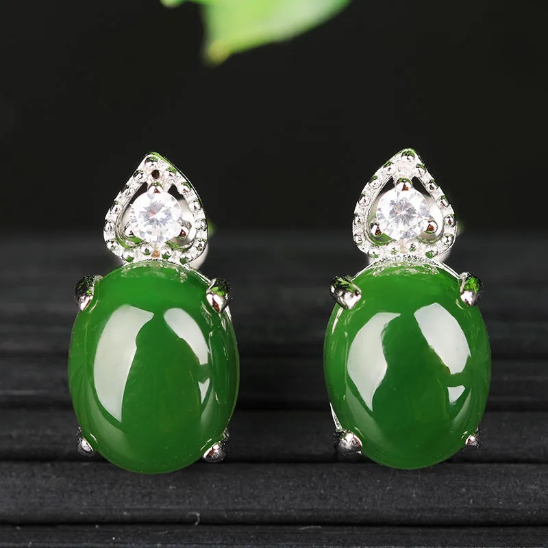 Natural Jade Earrings Nephrite Silver Zircon Earrings ZEG510
